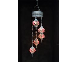 Hanglamp multicolour roos paars glas mozaïek 5 bollen Turkse Oosterse Crèmewit Marokkaanse kroonluchter