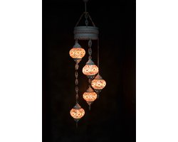 Hanglamp multicolour roze glas mozaïek 5 bollen Turkse Oosterse Crèmewit Marokkaanse kroonluchter