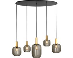 Hanglamp ovaal – zwart met gouden accenten en smoke glas, 5-lamps