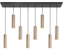 Hanglamp Perugia | 8 lichts | goud / zwart | in hoogte verstelbaar tot 165 cm | Ø 5,5 cm | 115 cm x 18 cm | 8 x GU10 fitting | eetkamer / keuken | modern / klassiek / sfeervol design | max 8 x 5 Watt | neerwaartse spotlight | Stoffen snoeren