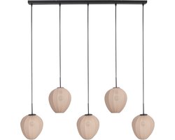 Hanglamp Silura 4288ZW – Trendy 5-lichts balk van metaal en textiel in zwart met crème linnen kapjes, hoogte instelbaar, merk Mexlite, geschikt voor binnengebruik