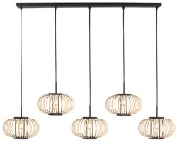 Hanglamp Silva 4529ZW – 5-lichts bamboelamp voor eettafel van Anne Light Home, hoogte instelbaar, creme en zwart, trendy design met metaal en bamboe kappen, diameter 31 cm, hoogte 18 cm