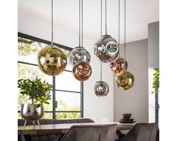 Hanglamp Stellar met glas | 145 cm | 7 lichts | chroom / goud / koper / oud zilver | eettafel lamp | eetkamer / woonkamer | glazen bollen | landelijk / modern / design