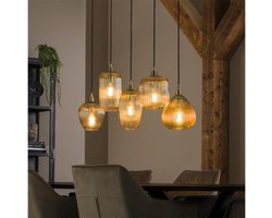 Hanglamp van 6 Lampen met Gestreept Glas Verticaal Eetkamer - Stripe Glass - Amberkleurig Glas - Woonkamer - Eettafel - Slaapkamer - Sfeer Verlichting - In Hoogte Verstelbaar tot 150 cm - Exclusief Lichtbron