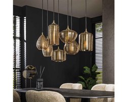Hanglamp van 7 Lampen met Gestreept Glas Horizontaal Eetkamer - Amberkleurig glas - Stripe Glass - Woonkamer - Eettafel - Slaapkamer - Sfeer Verlichting - In Hoogte Verstelbaar tot 150 cm - 3+4 Lampen