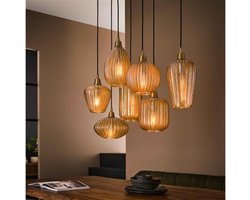 Hanglamp van 7 Verschillende Lampen met Gestreept V-design Glas Eetkamer - Amberkleurig glas - Stripe Glass - Woonkamer - Eettafel - Slaapkamer - Sfeer Verlichting - In Hoogte Verstelbaar tot 150 cm