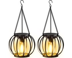 Hanglamp - Zonnelantaarns - Volledig Metaal Frame Met Rond Doorgestanst Ontwerp En Ingebouwde LED - 2 Stuk - Buiten Gebruik Voor Tuin En Balkon Zwart