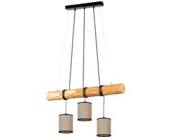 Hanglamp zwart hanglamp eettafel woonkamer lamp landhuis, hanglamp houten balk in hoogte verstelbaar, stof beige, 3x E27, LxBxH 65x13x140cm