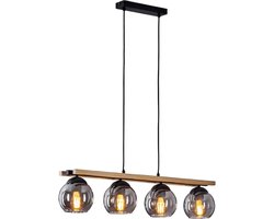 Hanglamp zwart, licht hout, 4-lichtbronnen - vintage, retro hanglamp zwart, 3-vlammig, Industrieel, modern Plafond Lamp voor Eetkamer, keuken, slaapkamer, woonkamer
