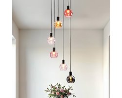 Hanglamp zwart met amber, smoke en roze glas, 6-lichts - Monroe