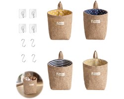 Hangmand, 4 stuks, katoenen linnen wandmanden, hangend met 4 x S-handgreep en 4 x J-haken, opvouwbare opbergtas voor muur, deur, kamer, badkamer (12 × 13,5 cm)