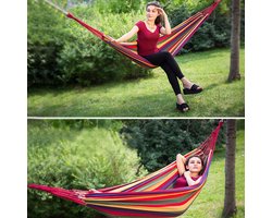Hangmat 1 Persoons - Stevige Canvas Hangmat - Rood - Geel - Blauw - Groen - Gestreept - Inclusief Opbergtas + Bevestigingstouwen - Weerbestendig - Hammock - Outdoor - Camping - Zomer -