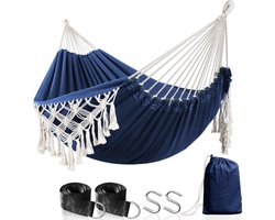 Hangmat Eenpersoons - Blauw Met Leuke Details - Bijpasende opbergtas - 180 KG - Gemaakt Van Katoen - Met Bevestigingsmateriaal - Inclusief Mooie Stoffen Opbergzak