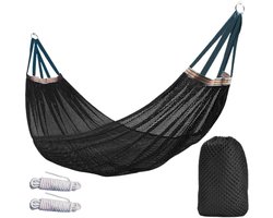 Hangmat - Hangmat voor buiten - 260*130 cm - Lichtgewicht mesh-hangmat - Kampeerhangmat - Reishangmat - ademende hangmat - met touw en opbergtas - voor strand, terras, tuin, achtertuin, balkon, meditatie en vakantie - zwart