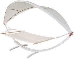 Hangmat MCW-J47, hangende schommel tot 200kg luifel MVG houten frame 420cm 2 personen ~ wit, crème-wit