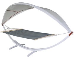 Hangmat MCW-J47, hangende schommel tot 200kg luifel MVG houten frame 420cm 2 personen ~ wit, grijs