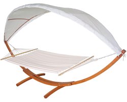 Hangmat MCW-J47, hangschommel tot 200 kg Zonnescherm MVG-houten frame 420 cm 2 personen ~ bruin, crème-wit