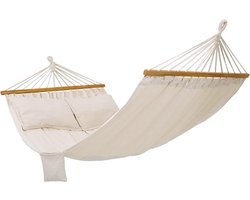 Hangmat met 2 houten stangen en kussens - belastbaar tot 300 kg - 210 x 150 cm - beige hangmat 2 person
