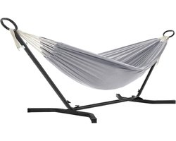 Hangmat met frame, 210 x 150 cm, verstelbaar in 5 verschillende hoogtes, metalen frame, tot 240 kg, voor tuin, zwart frame en bruine hangmat GHS001K01