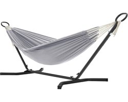 Hangmat met frame - verstelbaar in 5 hoogtes - belastbaar tot 240 kg - 210 x 150 cm - tuin - zwart frame - grijze hangmat