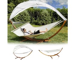 Hangmat met Houten Frame – 210 × 150 cm – Belastbaar tot 200 kg – Voor Tuin, Terras en Balkon – Hangmatten met standaard