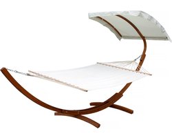 Hangmat met houten onderstel "Dallas XL" - met katoenen doek en luifel - Ecru