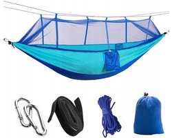 Hangmat met Klamboe - 290x140 - 180 kg - Blauw - Met Rits - Hangmat met Muggennet - Survival - Hammock - Outdoor Camping - Kamperen - Hangmat