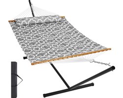 Hangmat - met Opbergtas - Afneembaar Kussen - Draagbare Draagtas - Dubbele 2 Personen - met Gebogen Spreidstok - Draagvermogen 200 kg - T-vormige Standaard - 1,4 x 1,9 m - Grijs en Wit Patroon