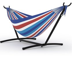 Hangmat met Stalen Standaard - Tuinhangmat - Draagbaar en Ruimtebesparend met Draagtas - Hoog Draagvermogen tot 200kg - Versterkte Balansbalken - Stevige Hangmat voor Binnen en Buiten - Blauw-wit-rode Strepen