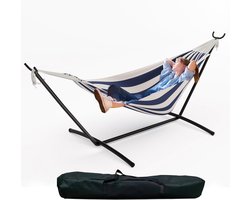 Hangmat met Standaard - 2-Persoons Hangmat - Belastbaar tot 200 kg - Familie Hangmat met Metalen Frame en Draagtas - Voor Tuin, Balkon, Terras en Camping - 279 x 100 x 107 cm