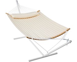 Hangmat met standaard - Dubbele hangmat - Buiten ontspannen - Inclusief kussen - 12FT polyester - Crèmekleurig beige