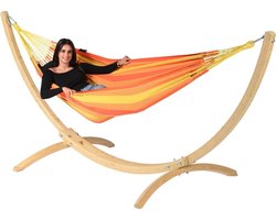 Hangmat met Standaard Eénpersoons 'Wood & Dream' Orange | Complete hangmatset | Bevestiging inclusief | 120 KG | 352 CM | Polycotton + Vurenhout (FSC® Mix) | 1% For The Planet | Tropilex