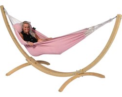 Hangmat met Standaard Eénpersoons 'Wood & Natural' Pink | Complete hangmatset | Bevestiging inclusief | 120 KG | 352 CM | Polycotton + Vurenhout (FSC® Mix) | 1% For The Planet | Tropilex