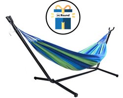 Hangmat met Standaard en Opbergtas en In Round Verrassing – 2 Persoons – Max. Draaggewicht 200Kg – Hangmatset – Hangmatten – Hang Mat Voor Binnen en Buiten – Hangmatstandaard – Hammock – Blauw / Groen