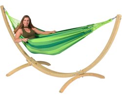 Hangmat met Standaard Eénpersoons 'Wood & Dream' Green | Complete hangmatset | Bevestiging inclusief | 120 KG | 352 CM | Polycotton + Vurenhout (FSC® Mix) | 1% For The Planet | Tropilex