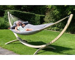 Hangmat met Standaard Familie 'Wood & Big Fat' Grey | Complete hangmatset | Bevestiging inclusief | 200 KG | 414 CM | Olefin + Vurenhout (FSC® Mix) | 1% For The Planet | Tropilex