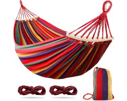 Hangmat, outdoor campinghangmat met gebogen houten stang, bevestigingsriemen en draagtas voor binnen, balkon, terras, tuin, rugzakreizen