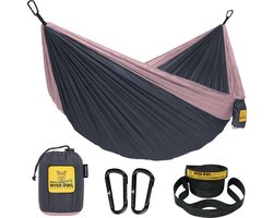 Hangmat - outdoor hangmat voor 1 persoon - ultralichte reishangmat - belastbaar tot 180 kg - campingaccessoires - incl. ophanging en karabijnhaak (kolengrijs en roze)