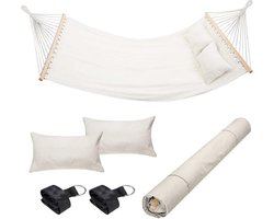 Hangmat tuin tweepersoonsbed 2-zits transparante houten stangen 232 x 148 cm katoenen overtrek terras camping beige