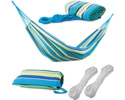 Hangmat voor 1 persoon - Luxe Hamock Katoen - Eenpersoons Hangmat Voor Buiten Binnen - Met Opbergzak - 260 x 80 cm - Blauw