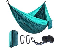 Hangmat voor buiten kamperen, hangmat, belastbaar tot 300 kg (270 x 140 cm), enkel of dubbel, ultralicht, draagbaar, reishangmat, tuin, strand, dubbele hangmat, parachute, nylon, ademende hangmat-Groen