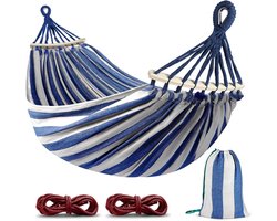 Hangmat voor buitenkamperen - Comfortabele kampeer- en tuinhangmat - Draagvermogen 250 kg - Met anti-kantel houten palen en touwen - Inclusief draagtas - Ideaal voor tuin, balkon, terras, strand, wandelen - 275 x 155 cm