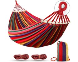 Hangmat voor buitenkamperen - Comfortabele kampeer- en tuinhangmat - Draagvermogen 250 kg - Met anti-kantel houten palen en touwen - Inclusief draagtas - Ideaal voor tuin, balkon, terras, strand, wandelen - 275 x 155 cm