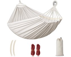 Hangmat voor buitenkamperen - Comfortabele kampeer- en tuinhangmat - Draagvermogen 250 kg - Met anti-kantel houten palen en touwen - Inclusief draagtas - Ideaal voor tuin, balkon, terras, strand, wandelen - 275 x 155 cm