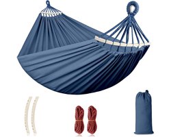 Hangmat voor buitenkamperen - Comfortabele kampeer- en tuinhangmat - Draagvermogen 250 kg - Met anti-kantel houten palen en touwen - Inclusief draagtas - Ideaal voor tuin, balkon, terras, strand, wandelen - 275 x 155 cm