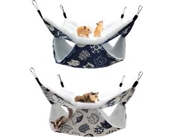 Hangmat voor Cavia's en Kleine Dieren, Set van 2 Dubbele Hangmatten, Zacht Pluche met Metalen Haak, Ideaal voor Hamsters, Fretten en Eekhoorns (30×30cm/ Wit + Blauw)