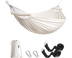 Hangmat voor de tuin, duurzame hangmat met gebogen houten stang, draagbare comfortabele hangmat met riemaccessoires, draagtas voor binnen en buiten, terras, tuin, strand