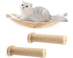 Hangmat voor katten met nachtthema, wandmontage, stabiel en gemaakt van natuurlijk hout, inclusief sisal krabpaal, ideaal voor alle katten en kittens (set van 3)