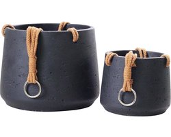 Hangplantenpotten matzwart keramiek set van 2 - inclusief hangtouw - voor binnen en buiten - getextureerd effect - grote en middelgrote planten - Copenhagen