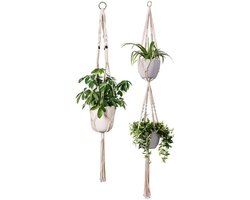 Hangpot Plantenhanger set - Macrame Knopen- Plantenpothanger - Bloempothanger- Bloempot hanger - Set van 2 voor 3 plantenpotten - Wit - Luxe Gevlochten Touw - Inclusief witte Ophang haken